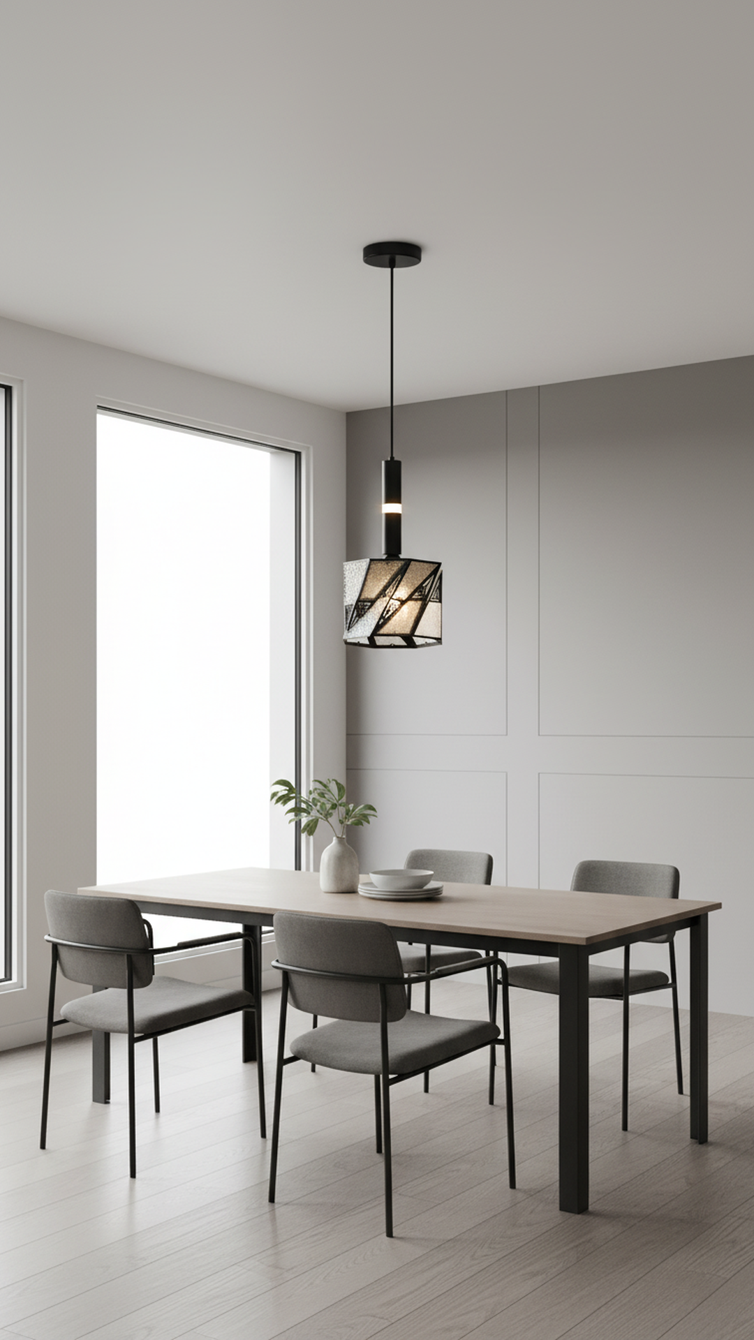 Swanart modern black geometric pendant light with textured glass shade hanging in a contemporary dining room ceiling.