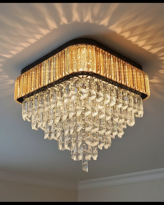 Swanart modern crystal chandelier with gold finish, square design, hanging LED pendant light for living room, dining room, bedroom, hallway