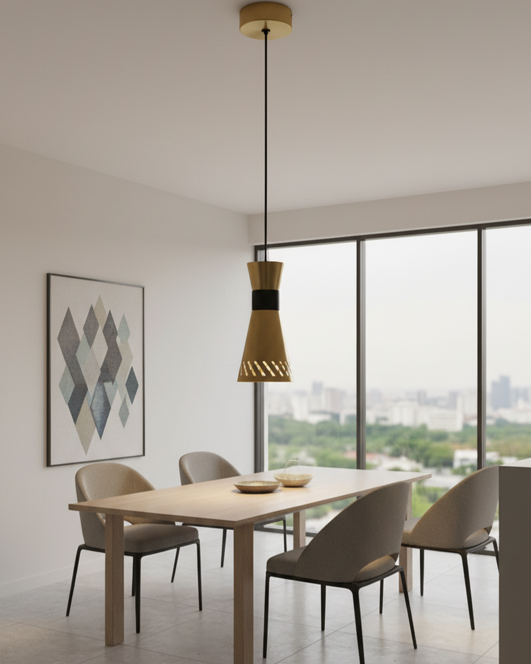 Swanart modern pendant light with gold and black finish, metal hanging ceiling lamp for kitchen, dining, bedroom, or living room.