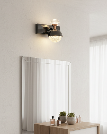 Swanart modern rose gold and black crystal wall sconce with dual shade design, LED energy-efficient wall light for living room or bedroom decor.