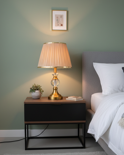 Swanart modern bedside table lamp with crystal base and fabric shade, providing warm ambient lighting for bedroom or living room.
