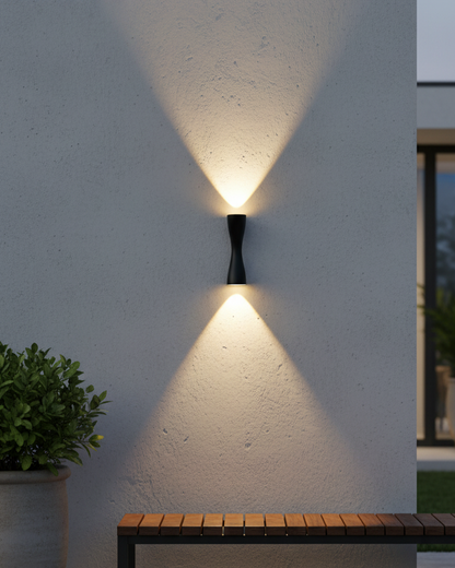 Swanart modern outdoor wall light with LED up-down sconce, waterproof aluminum fixture in black, illuminating balcony or garden facade