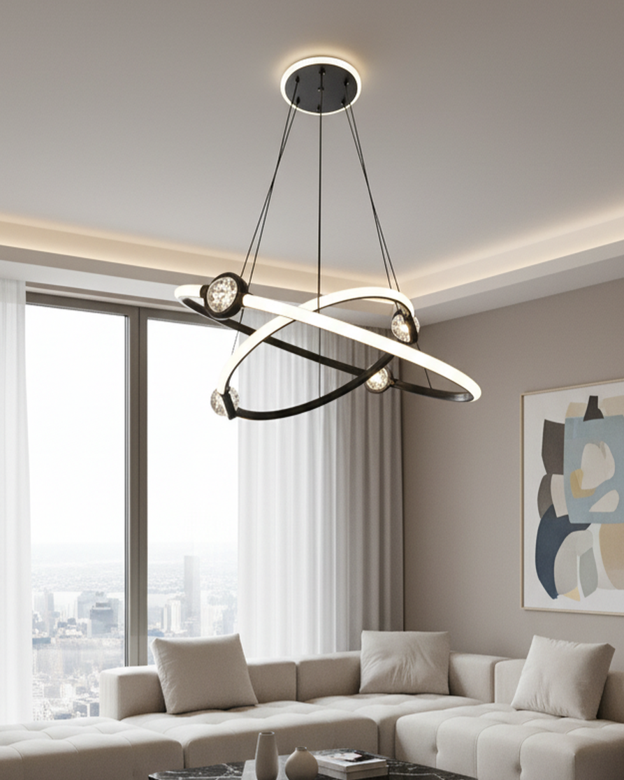 Swanart Modern Orbit LED chandelier with black ring, crystal accents, hanging from ceiling in a contemporary living room setting
