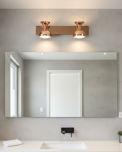 Modern Swanart rose gold dual LED wall sconce with adjustable double dome shades, ideal for living room, bedroom, or hallway decor.
