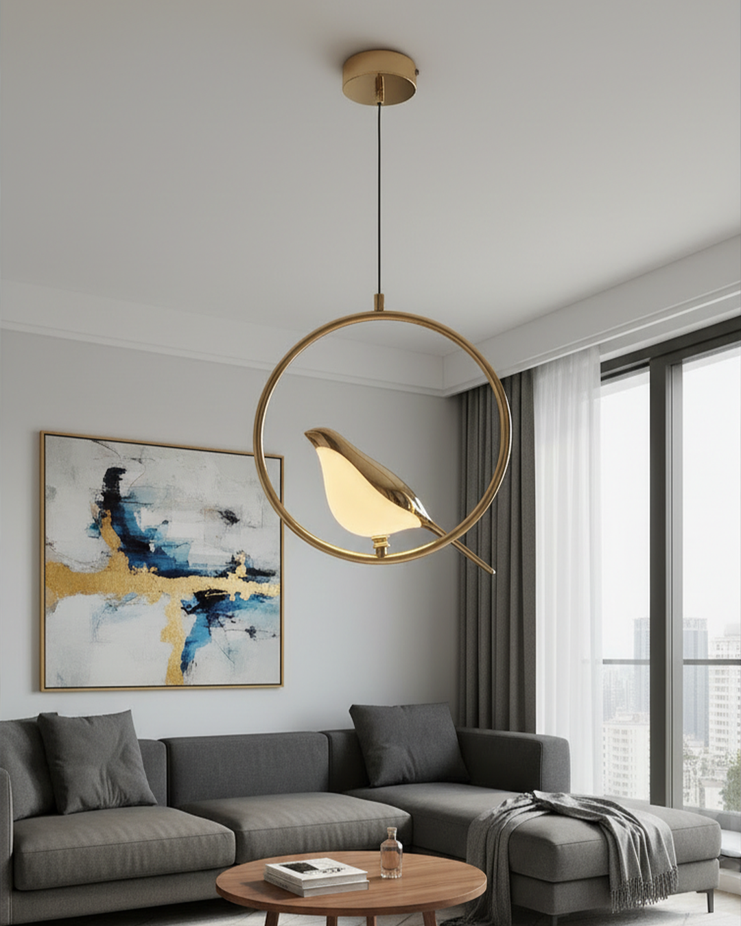 Swanart Radiance with Chirpy Hanging Light in a creative studio, showcasing an aesthetic, energy-efficient ambient illumination design.