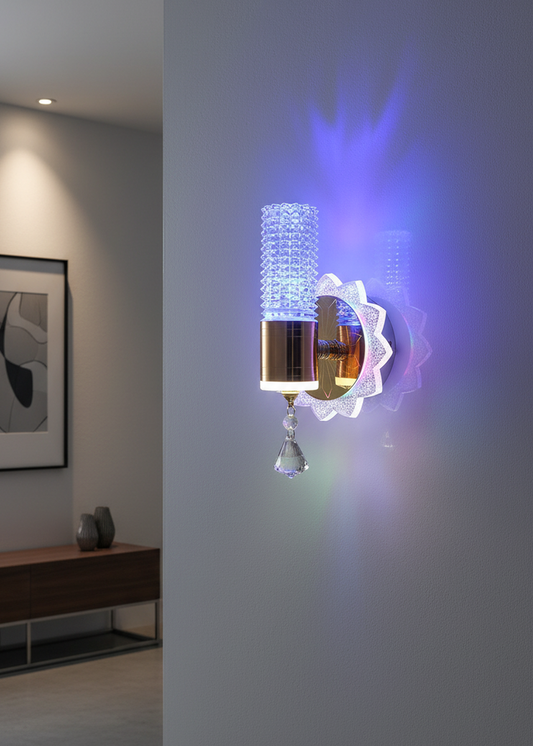 Swanart modern crystal wall sconce with LED color-changing and dimmable features, ideal for bedroom, living room, or hallway decor.
