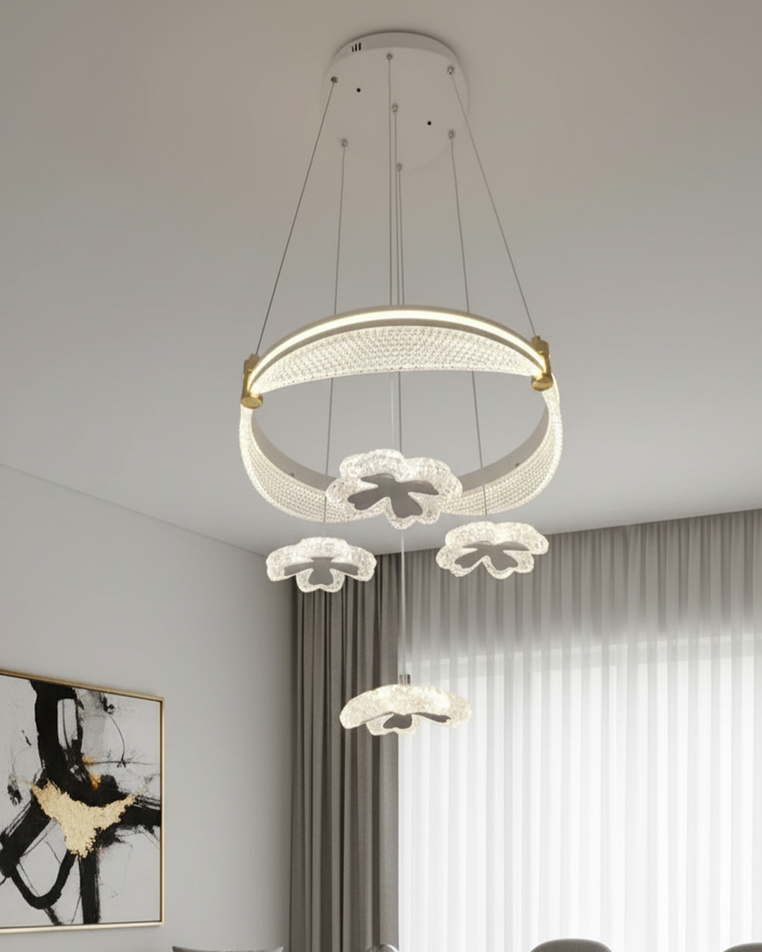 Swanart modern crystal flower ring chandelier with LED pendant light, decorative hanging ceiling lamp for living and dining rooms
