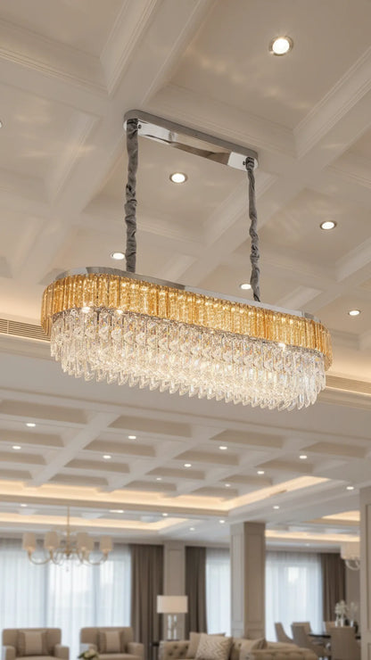 Swanart Luxury Crystal Linear Chandelier for Dining Table, Modern Gold LED Pendant Ceiling Light, 4 Layer Crystal Rectangular Hanging Lamp for Living Room Kitchen Island Dining Room