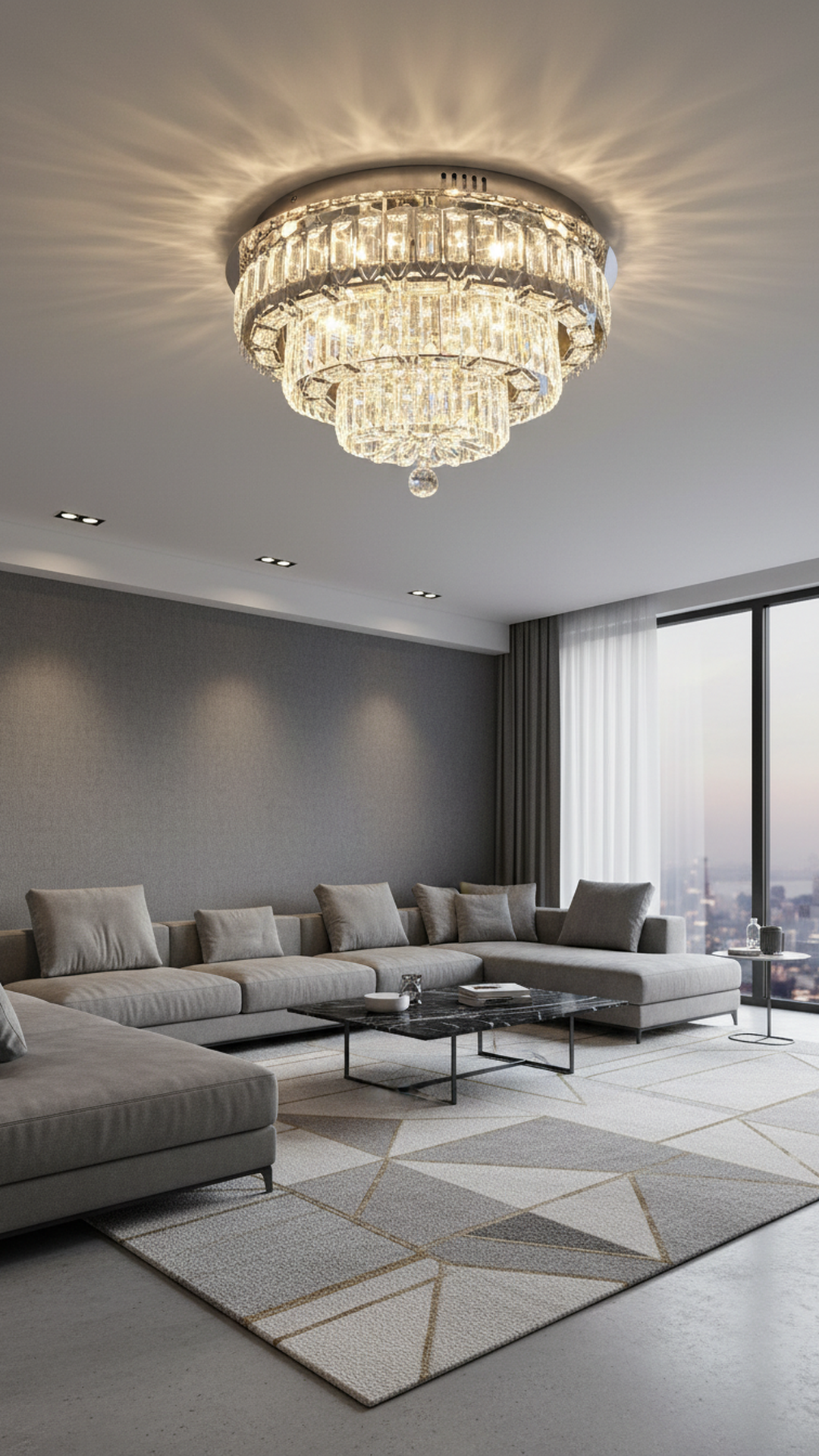 Swanart luxury 60cm flush mount crystal chandelier with three-tier design, K9 crystals, modern ceiling light fixture for living rooms