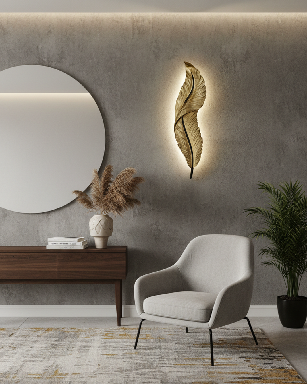 Swanart modern feather LED wall light with golden metal finish, warm white ambient lighting, decorative feather sconce for living spaces