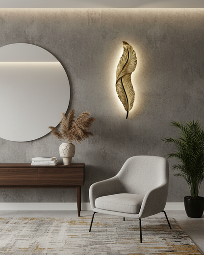 Swanart modern feather LED wall light with golden metal finish, warm white ambient lighting, decorative feather sconce for living spaces