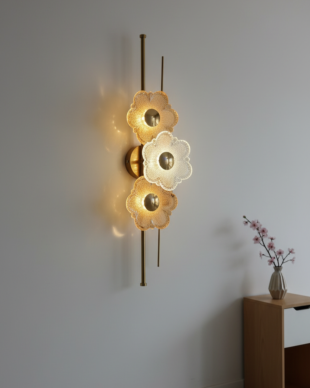 Elegant Swanart modern flower crystal wall light with gold finish, floral glass design, ideal for bedroom, living room, or hallway decor.