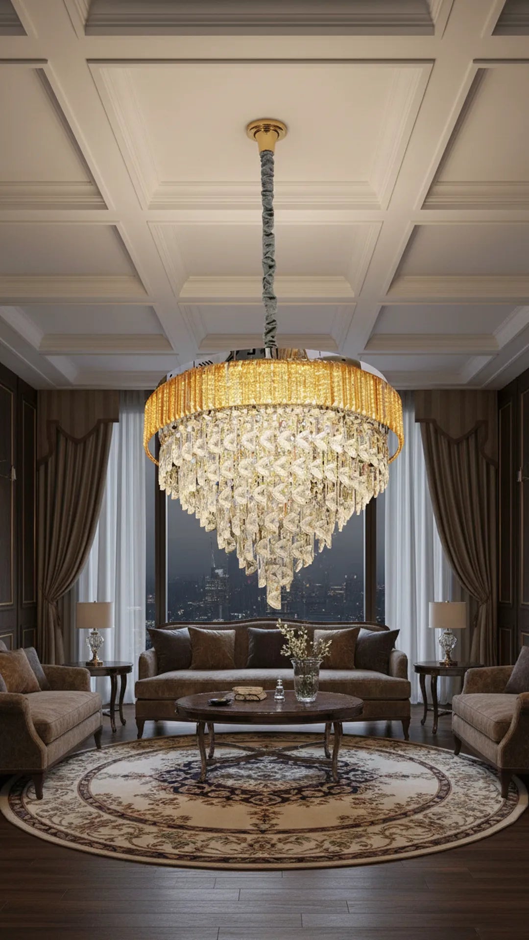 Swanart luxury crystal chandelier with five gold tiers, round modern design, hanging LED ceiling pendant lamp for living and dining rooms