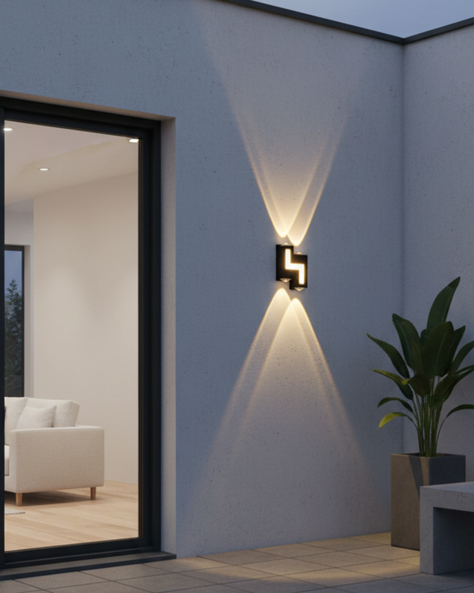 Swanart black wall lamp with up and down waterproof design, warm white light illuminates modern indoor or outdoor walls.