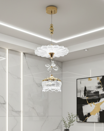 Swanart modern luxury crystal chandelier pendant light with gold finish, adjustable height ceiling lamp for dining, bedroom, or entryway.