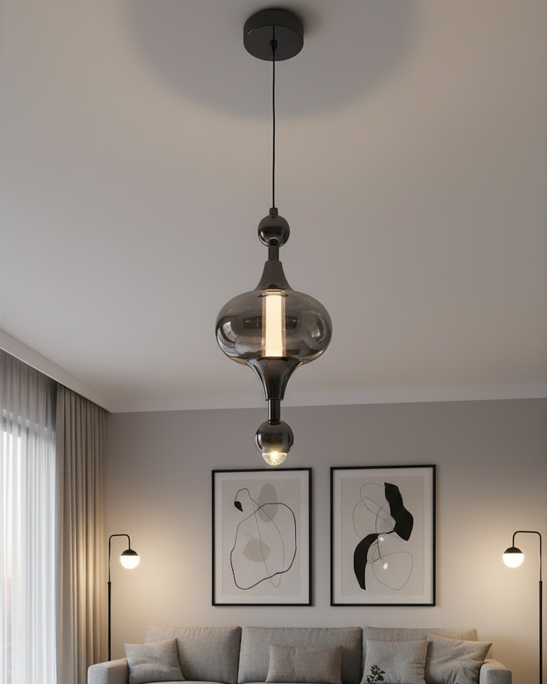 Swanart Modern Smoke Glass Pendant Light, Adjustable Hanging Ceiling Lamp, Decorative Kitchen Island Light, Dining Room Pendant, Living Room Hanging Light, Black Finish LED Compatible