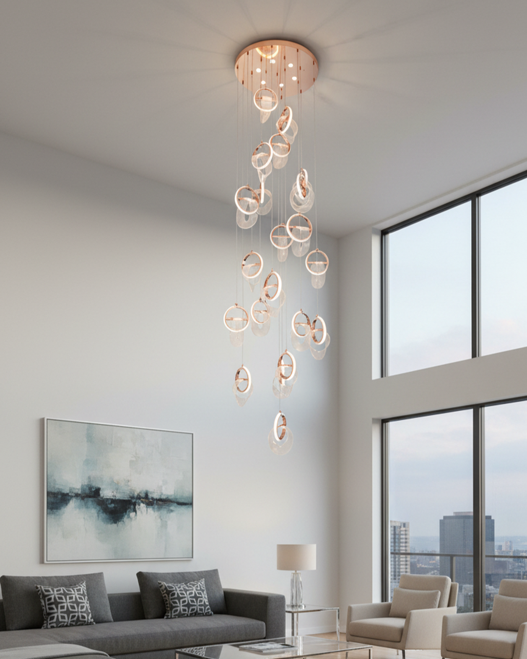 Swanart modern crystal ring chandelier with rose gold finish and LED lighting, hanging from ceiling in a stylish living room setting.