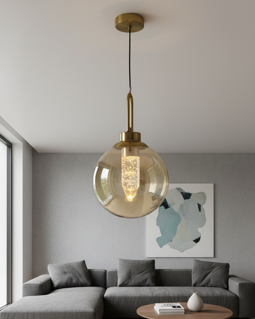 Swanart Modern Globe Pendant Light with Amber Glass Shade, Adjustable Hanging Light, LED Pendant Lamp, Decorative Ceiling Light, Contemporary Chandelier for Living Room, Dining Room & Bedroom