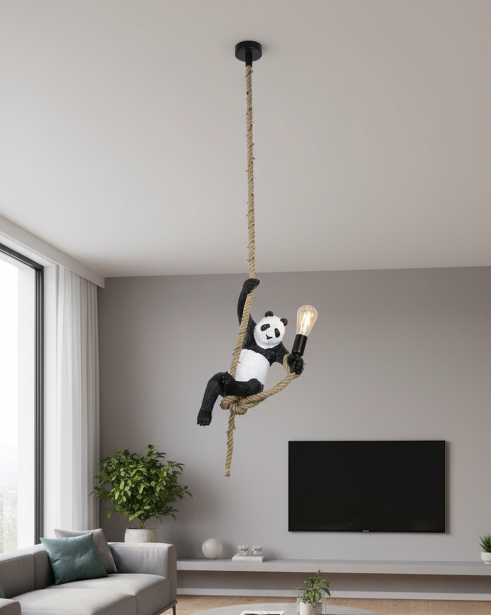 Swanart Panda hanging pendant light with rope, animal-shaped ceiling lamp for living room, bedroom, or kids' room decor.