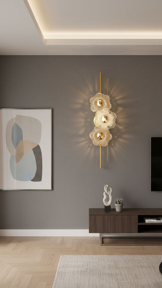 Swanart modern flower crystal gold wall sconce with decorative floral glass design, ideal for living room, bedroom, or hallway lighting.