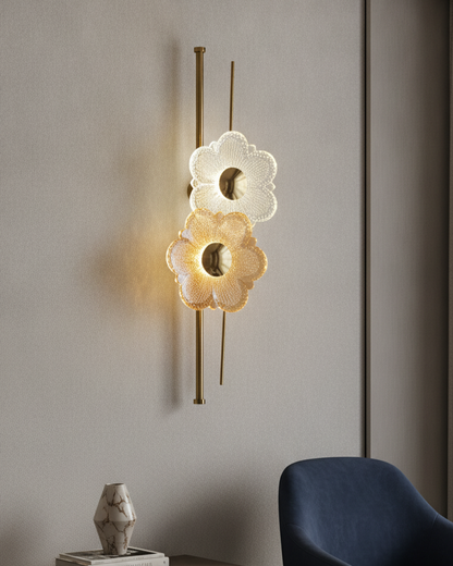 Swanart modern flower crystal wall light with gold finish, decorative glass flower LED sconce for living room or bedroom decor.