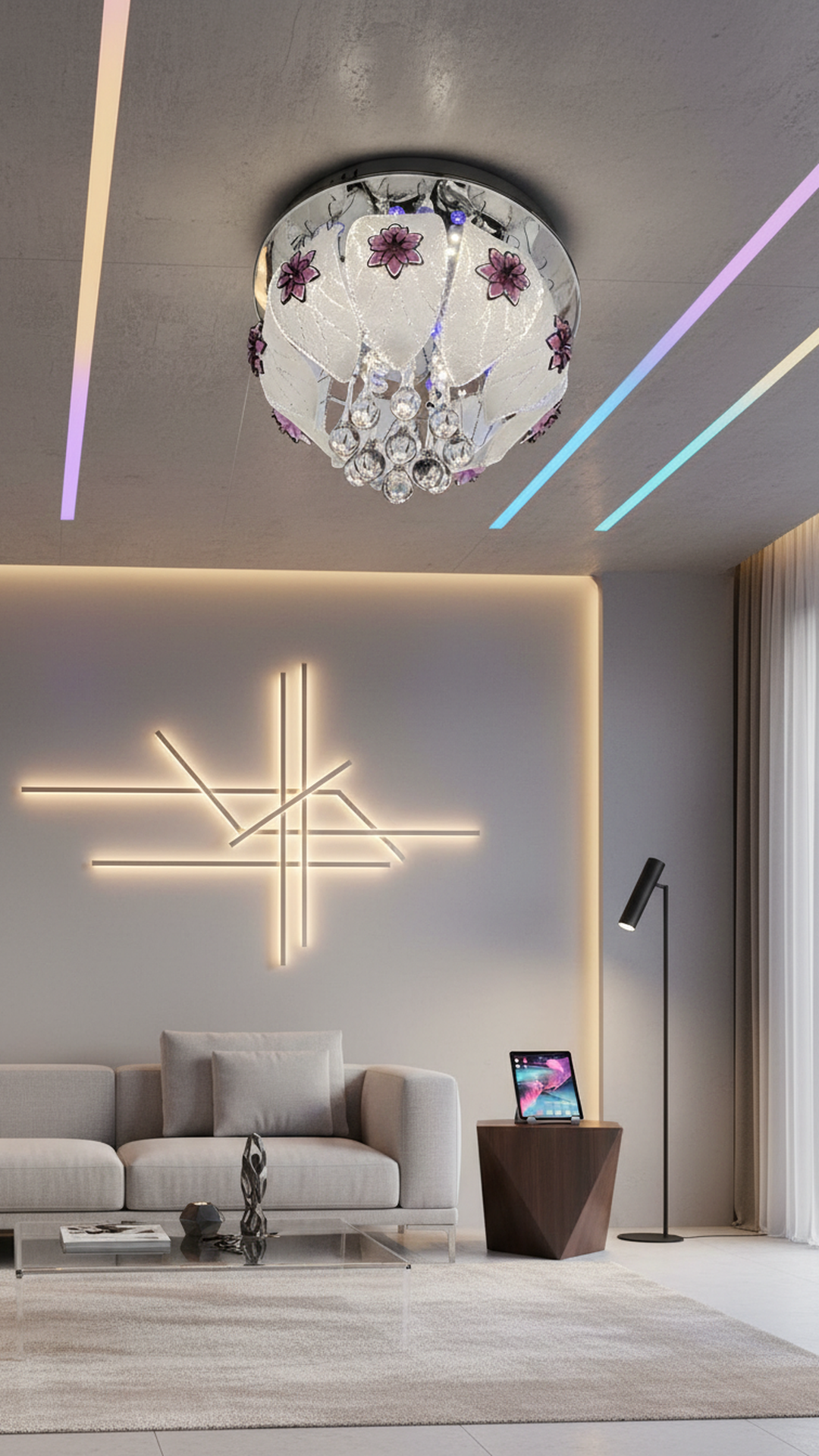 Swanart Gildora 30cm Crystal Glass Ceiling Light with RGB Remote Control, Bluetooth Music System – Modern Multi-Color Chandelier for Living Room and Bedroom Décor - Swanart
