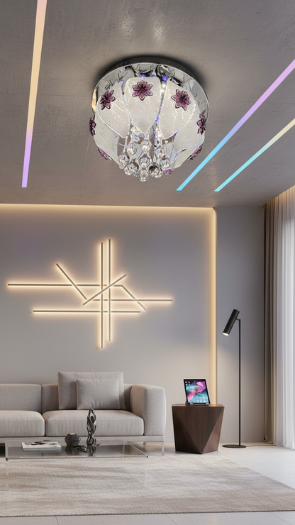 Swanart Gildora 30cm Crystal Glass Ceiling Light with RGB Remote Control, Bluetooth Music System – Modern Multi-Color Chandelier for Living Room and Bedroom Décor - Swanart