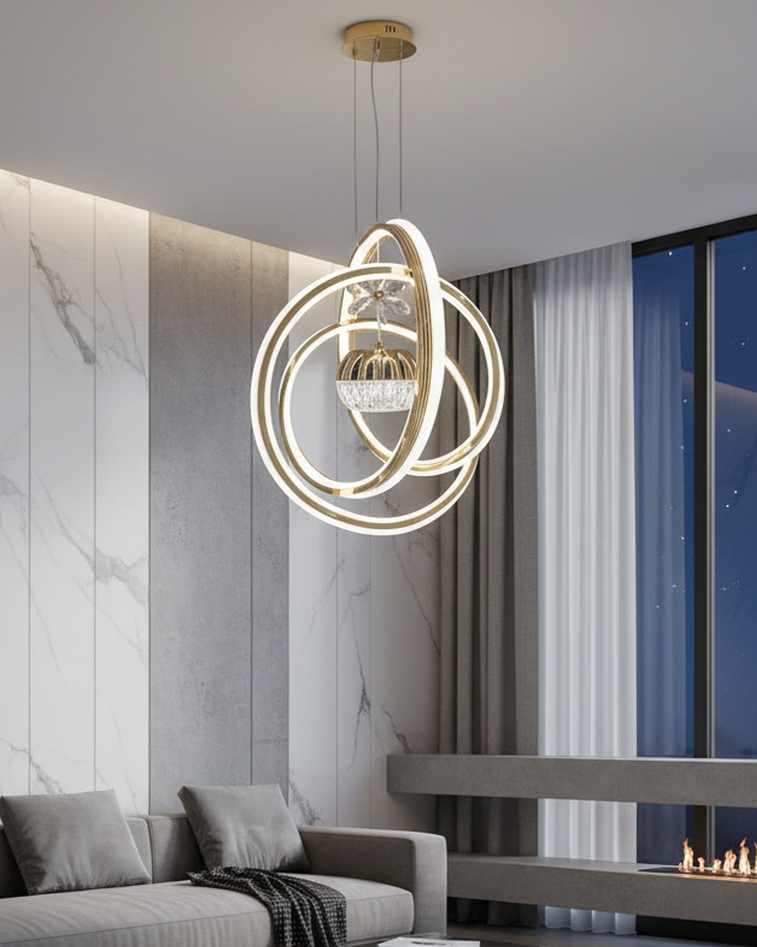 Swanart Fibreglass Orbis modern hanging light with sleek, illuminated design in a creative studio setting.
