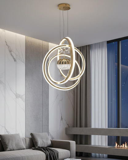 Swanart Fibreglass Orbis modern hanging light with sleek, illuminated design in a creative studio setting.