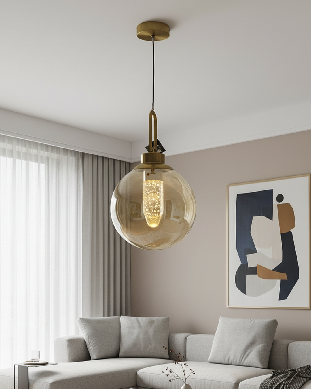 Swanart Modern Globe Pendant Light with Amber Glass Shade, Adjustable Hanging Light, LED Pendant Lamp, Decorative Ceiling Light, Contemporary Chandelier for Living Room, Dining Room & Bedroom