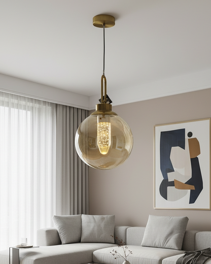 Swanart Modern Globe Pendant Light with Amber Glass Shade, Adjustable Hanging Light, LED Pendant Lamp, Decorative Ceiling Light, Contemporary Chandelier for Living Room, Dining Room & Bedroom