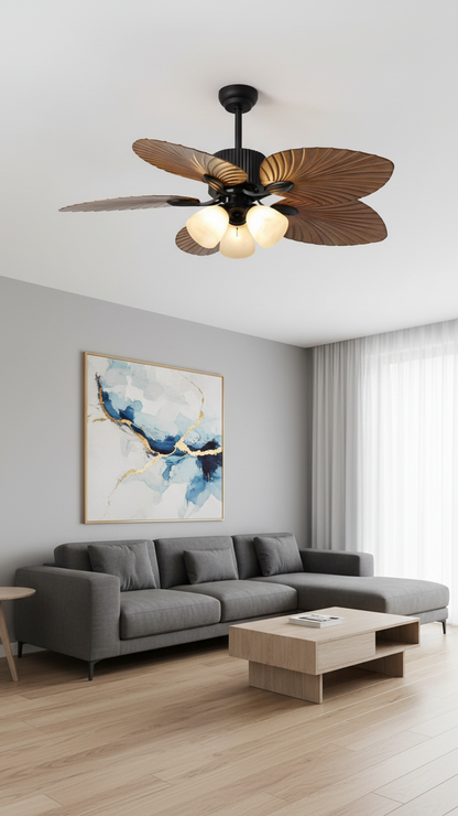 Swanart Tropical Leaf Ceiling Fan with Light, 5 Wooden Fiber Blade Decorative Ceiling Fan with 3 Glass Shades, Modern Designer Ceiling Fan for Living Room, Bedroom & Hall