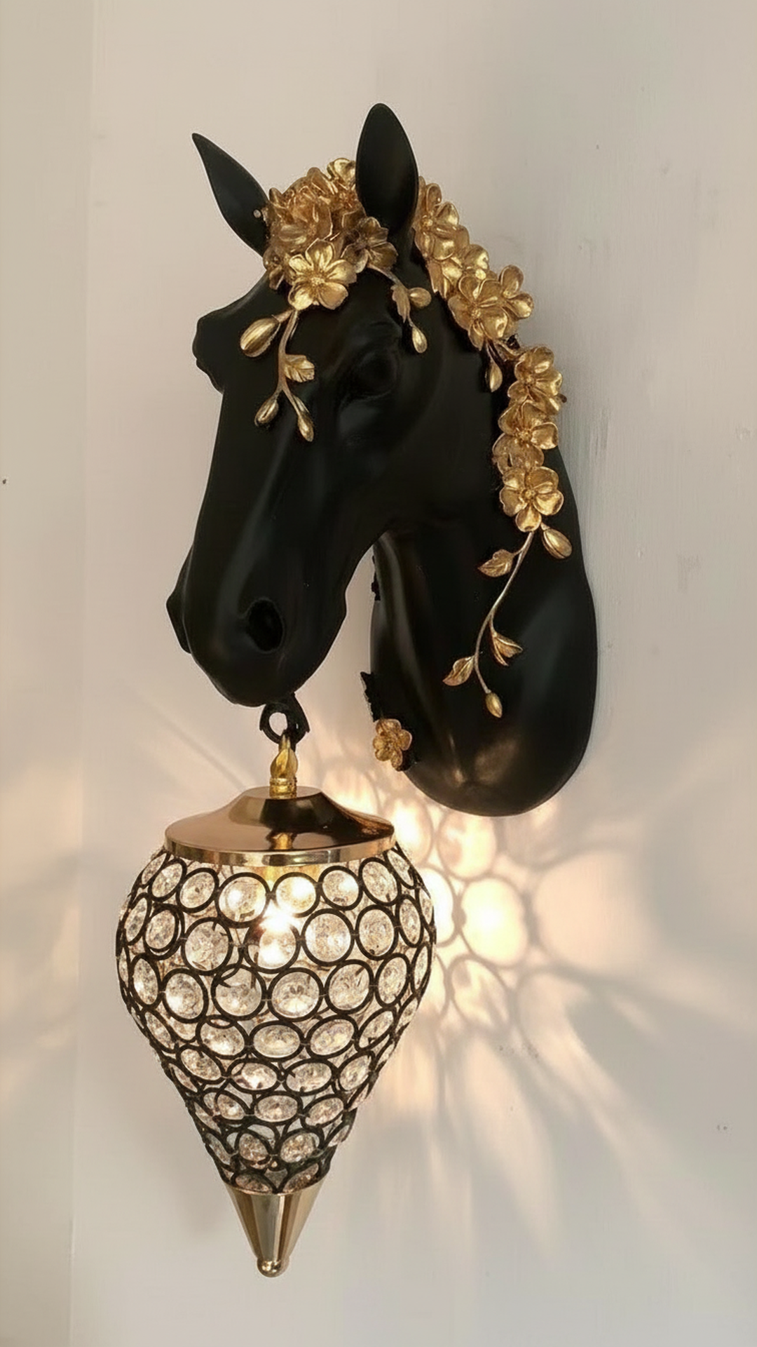 Swanart horse head wall light with crystal accents, modern LED sconce in gold and black finish, ideal for bedroom or living room decor