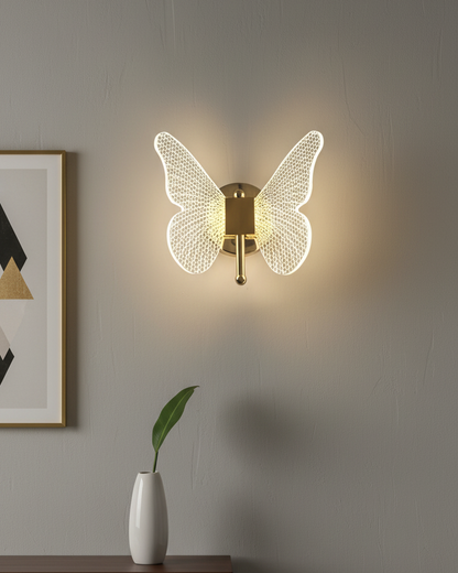 Swanart Butterfly LED wall light with gold finish, acrylic wings, warm white glow, modern decorative sconce for bedroom or living room