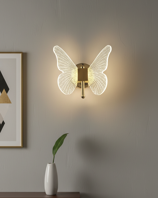 Swanart Butterfly LED wall light with gold finish, acrylic wings, warm white glow, modern decorative sconce for bedroom or living room