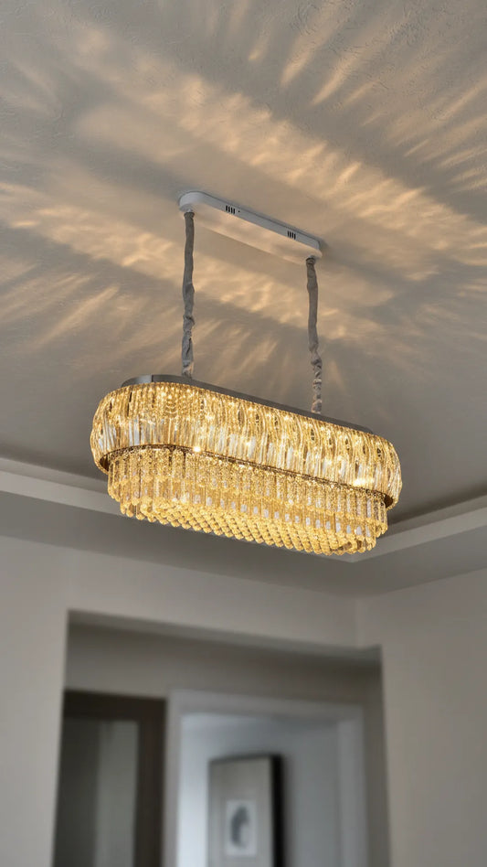Swanart Luxury Rectangular Crystal Chandelier 95cm Modern LED Ceiling Hanging Light 4 Layer Gold Crystal Pendant Lamp for Dining Table Living Room Hotel Lobby Restaurant Decorative Lighting