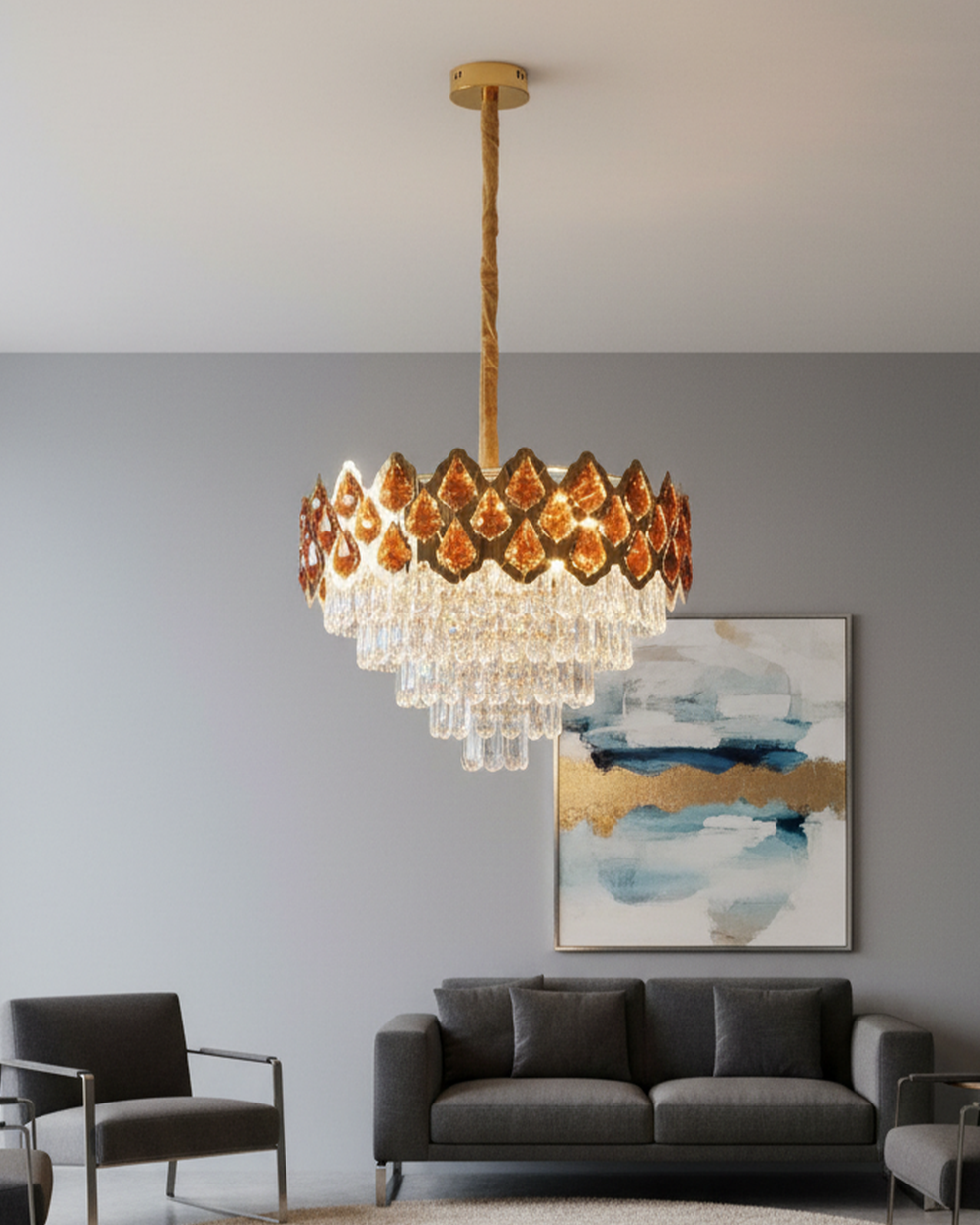 Elegant crystal chandelier and pendant lamps by Swanart, showcasing intricate glass designs for stylish home decor.