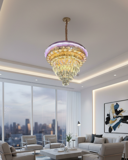 Swanart crystal chandelier with integrated Bluetooth speaker, LED color-changing ring, modern hanging pendant lamp for living room or bedroom