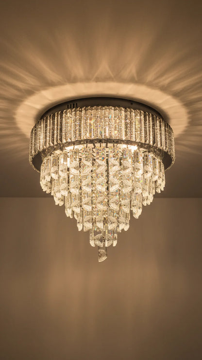 Swanart 5-layer crystal chandelier ceiling light with LED, modern luxury hanging and flush mount design for living room or bedroom.