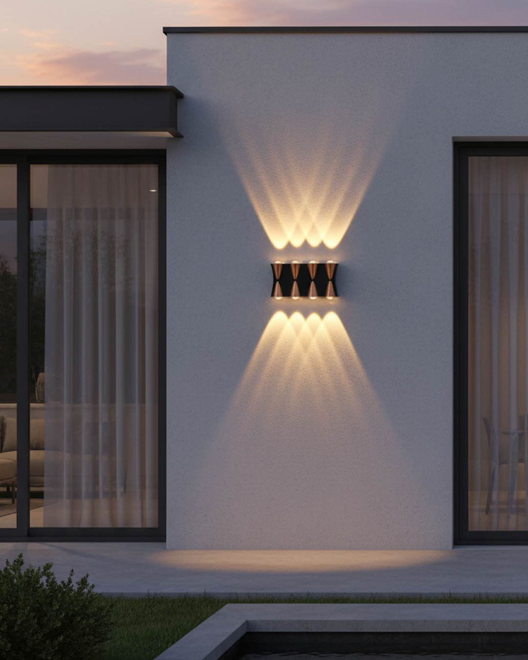 Modern Swanart outdoor LED wall light in black finish, waterproof exterior sconce with warm white illumination for garden, porch, or facade.