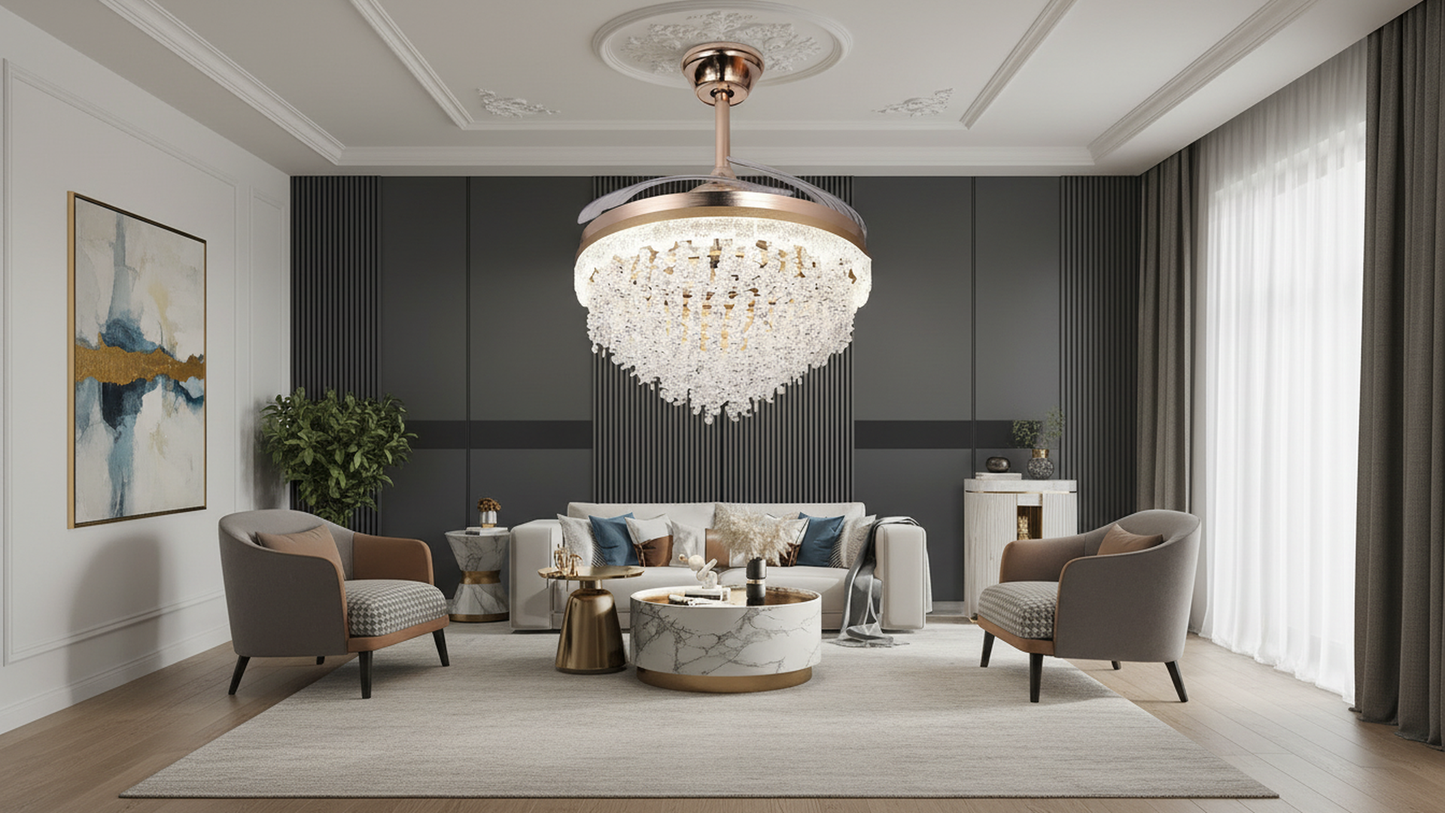 Swanart Luxury Crystal Ceiling Fan Chandelier with LED Light, Modern Gold Retractable Blade Fan, Remote Control, Decorative Ceiling Light for Living Room, Bedroom & Hall
