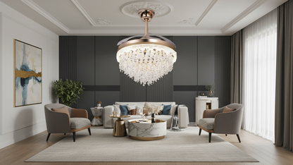 Swanart Luxury Crystal Ceiling Fan Chandelier with LED Light, Modern Gold Retractable Blade Fan, Remote Control, Decorative Ceiling Light for Living Room, Bedroom & Hall