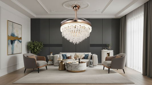 Swanart Luxury Crystal Ceiling Fan Chandelier with LED Light, Modern Gold Retractable Blade Fan, Remote Control, Decorative Ceiling Light for Living Room, Bedroom & Hall