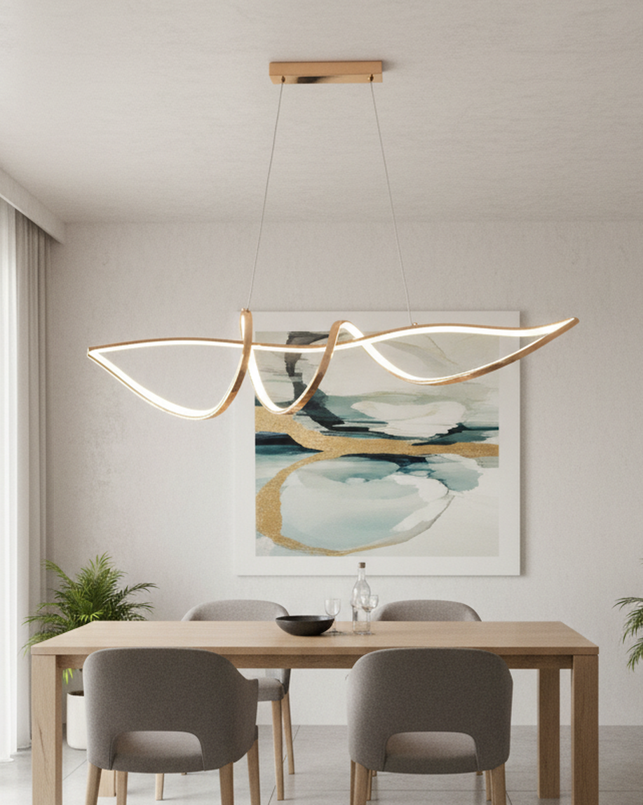 Swanart modern pendant light with sleek, artistic design hanging from ceiling, providing elegant home lighting.