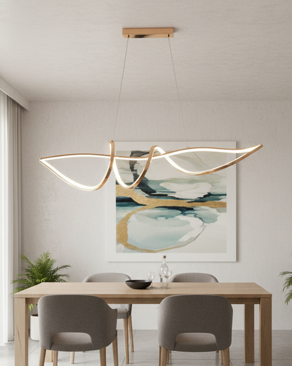 Swanart modern pendant light with sleek, artistic design hanging from ceiling, providing elegant home lighting.