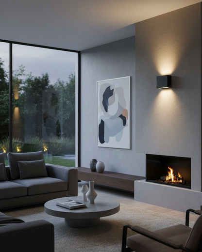 Swanart modern black cube LED wall light with up and down warm white illumination, suitable for indoor and outdoor use.