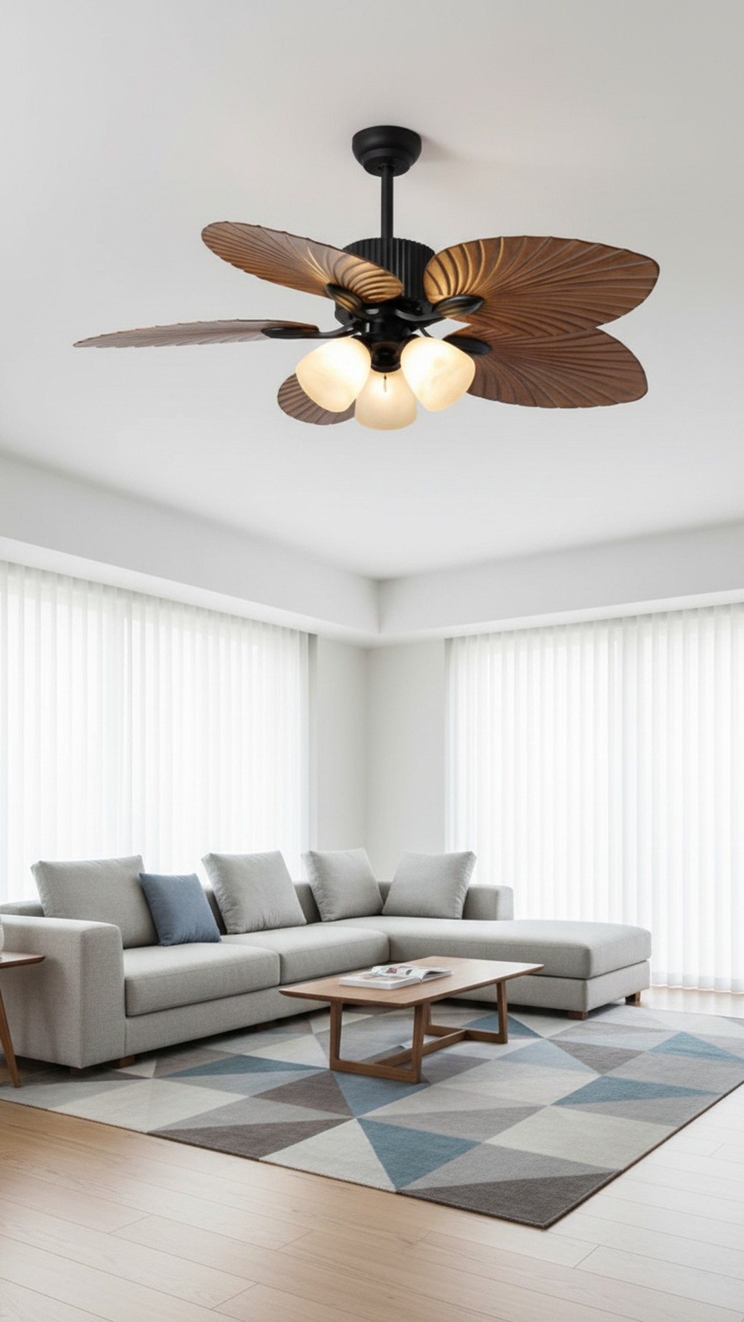 Swanart Tropical Leaf Ceiling Fan with Light, 5 Wooden Fiber Blade Decorative Ceiling Fan with 3 Glass Shades, Modern Designer Ceiling Fan for Living Room, Bedroom & Hall