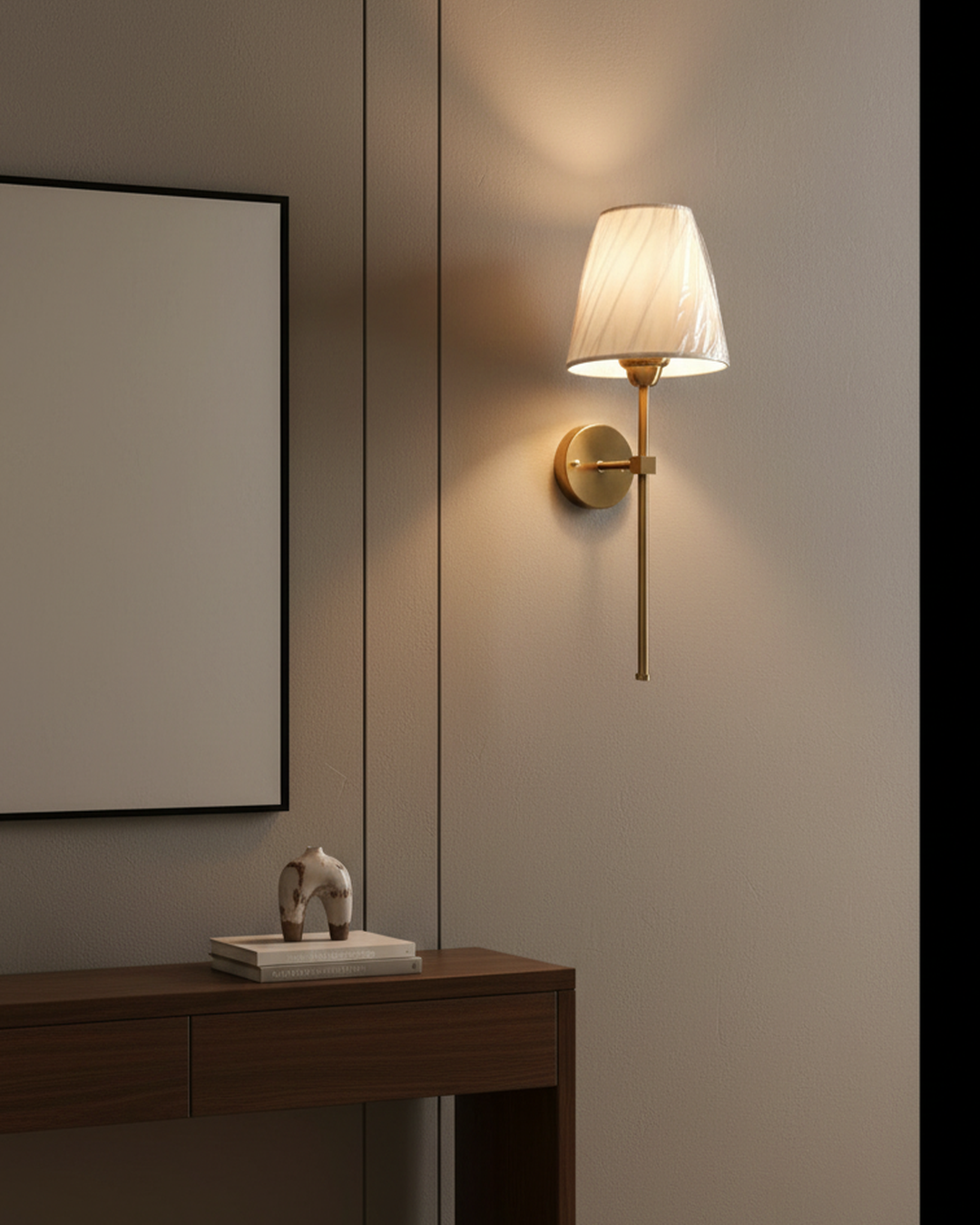 Swanart modern wall light with fabric shade and golden finish, LED wall sconce for bedroom, living room, or hallway indoor lighting.