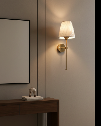 Swanart modern wall light with fabric shade and golden finish, LED wall sconce for bedroom, living room, or hallway indoor lighting.