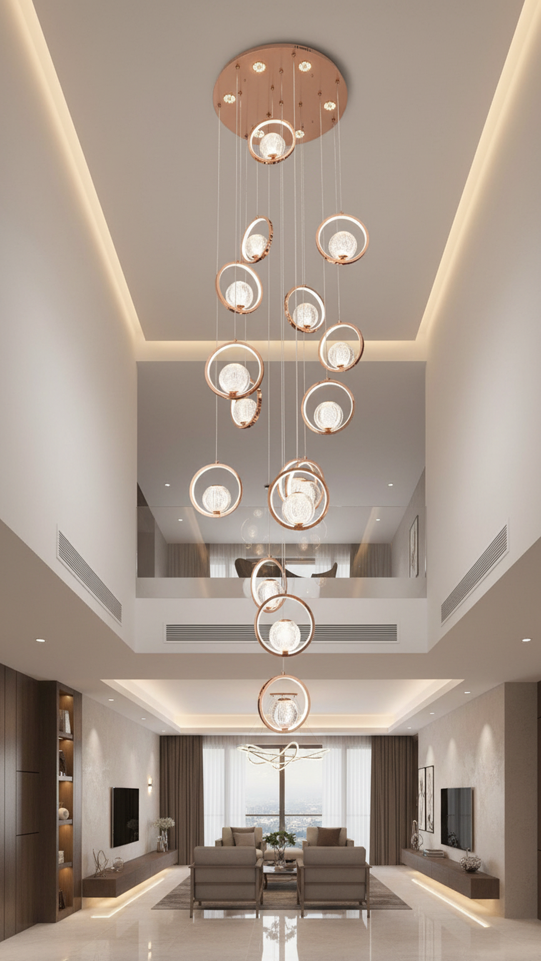 Swanart modern duplex crystal chandelier with rose gold ring design, LED pendant light hanging in a stylish living room setting